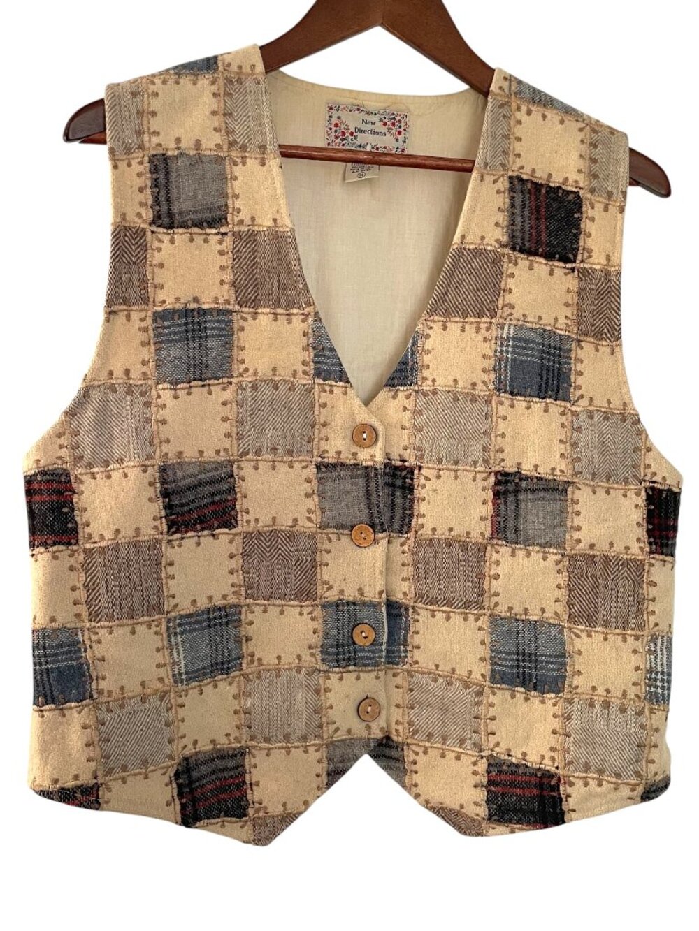 Vintage 90s New Directions Patchwork Wool Vest Medium M Cream Tweed Cottagecore
